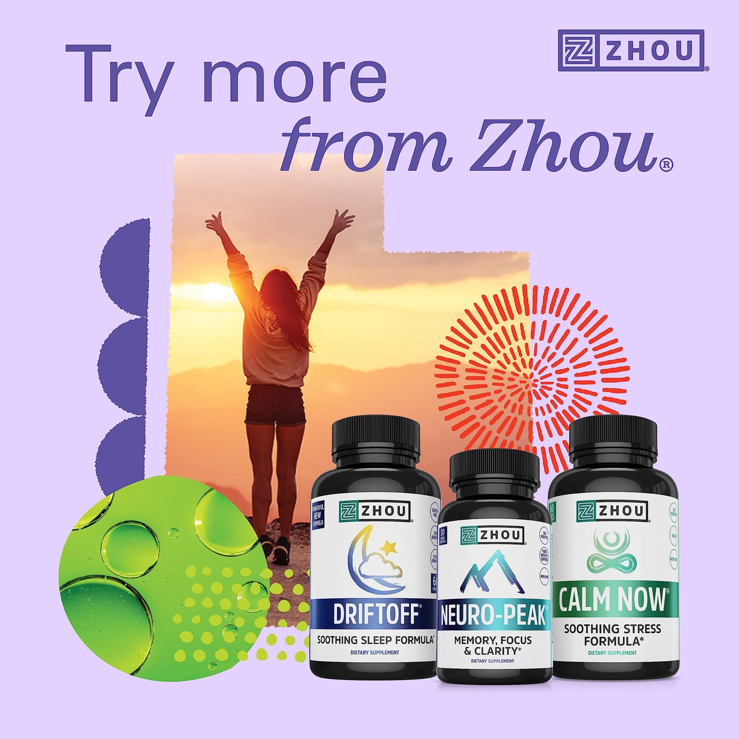 Zhou Ashwagandha - Ashwagandha and Rhodiola for Women & Men, Adaptogen Ashwaganda Extract 1200 mg with Black Pepper, Adaptogenic Support Supplement for Calm, Mood, Sleep - 60 Vegan Capsules