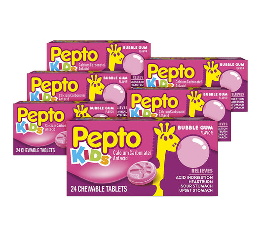 Pepto Kid's Chewable Tablets for Heartburn, Bubblegum Flavor, 24 Count (6 Pack)