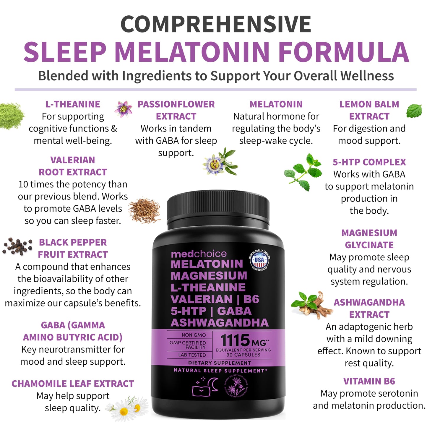 12-in-1 Melatonin Sleep Capsules - Natural Sleep Aids for Adults with Melatonin 5mg and Magnesium Glycinate 500mg, Sleep Aid with Ashwagandha, L Theanine, Valerian Root, GABA, 5-HTP (90ct, Pack of 1)
