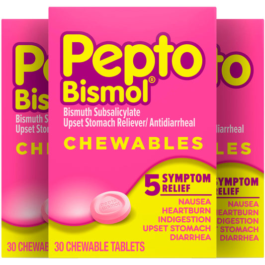 Pepto Bismol Chewable Tablets for Nausea, Heartburn, Indigestion, Upset Stomach, and Diarrhea Relief, Original Flavor, 90 Total (3 Packs of 30)