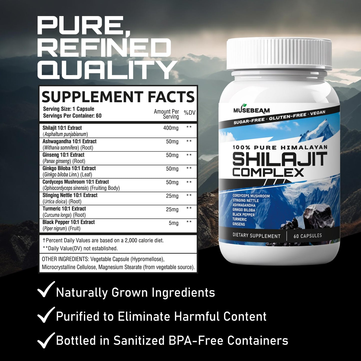 musebeam Himalayan Shilajit Capsules Men Women - Pure Himalayan Fulvic Acid Supplement Pills - Ashwagandha Turmeric Ginkgo Biloba Ginseng Cordyceps Mushroom Stinging Nettle Black Pepper