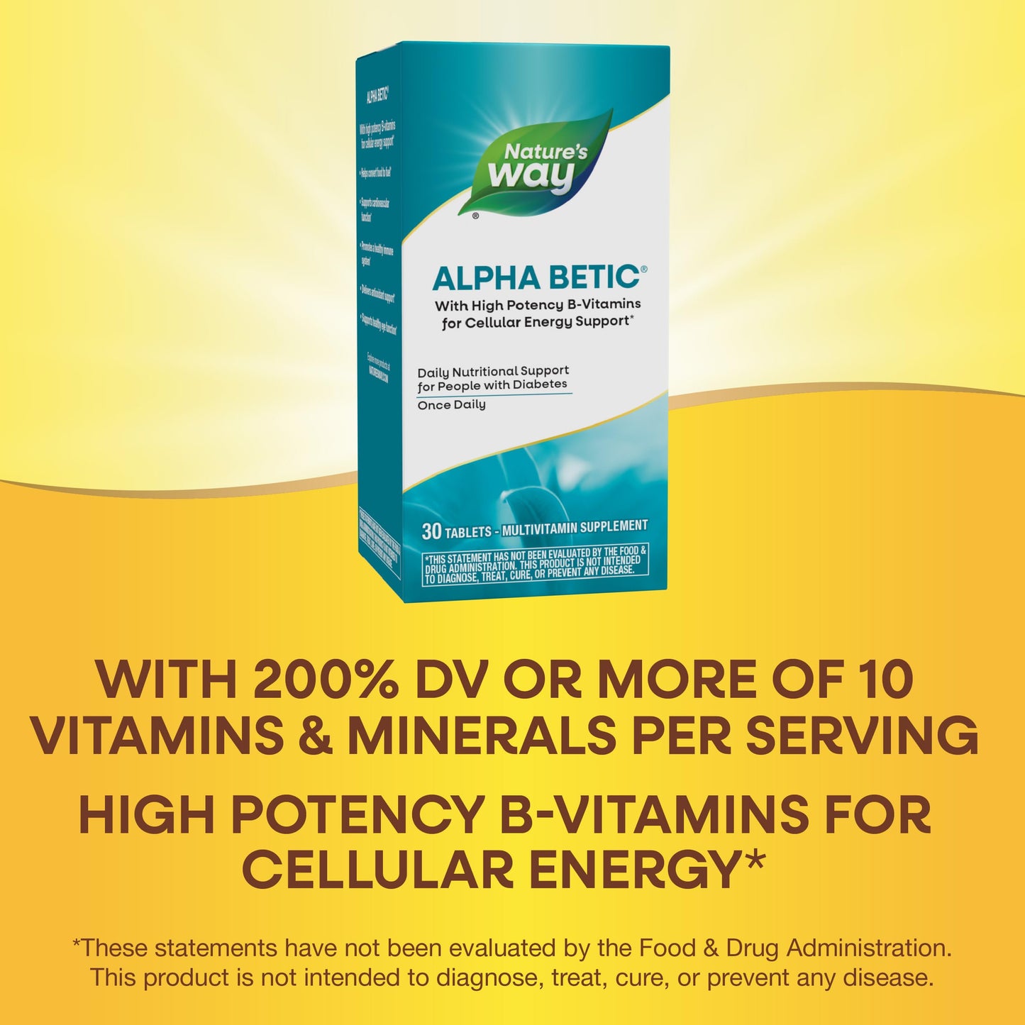 Nature's Way alpha betic, Diabetic Multivitamin for Daily Nutritional Support, with B-Vitamins for Energy Metabolism Support*, Alpha Lipoic Acid, Taurine, Lutein, 30 Tablets