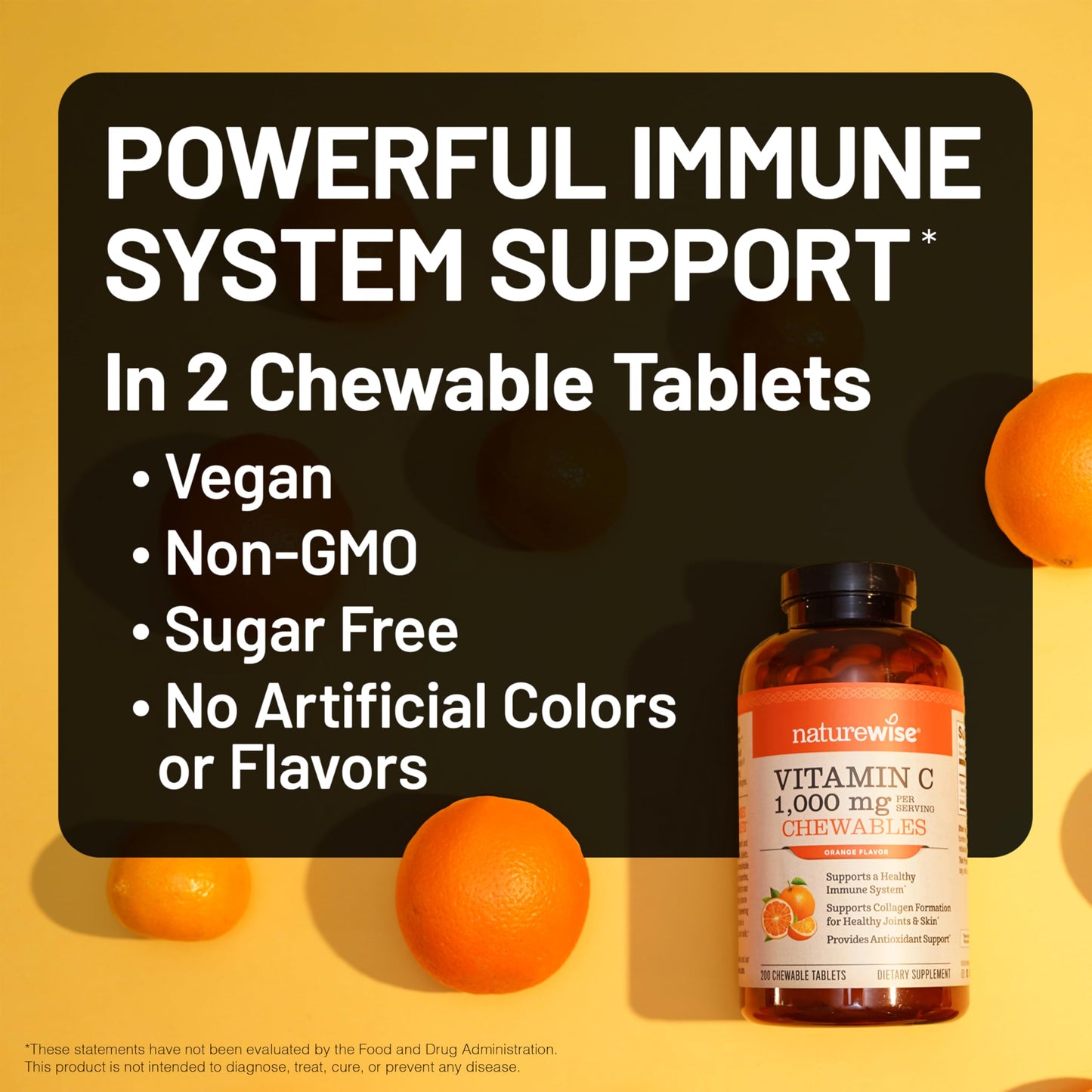 NatureWise Extra Strength Vitamin C Chewable 1000mg for Adults - Natural Orange Flavor - Immune System & Antioxidant Support - Non-GMO, Vegan & Sugar Free - 200 Chewable Tablets[100-Day Supply]