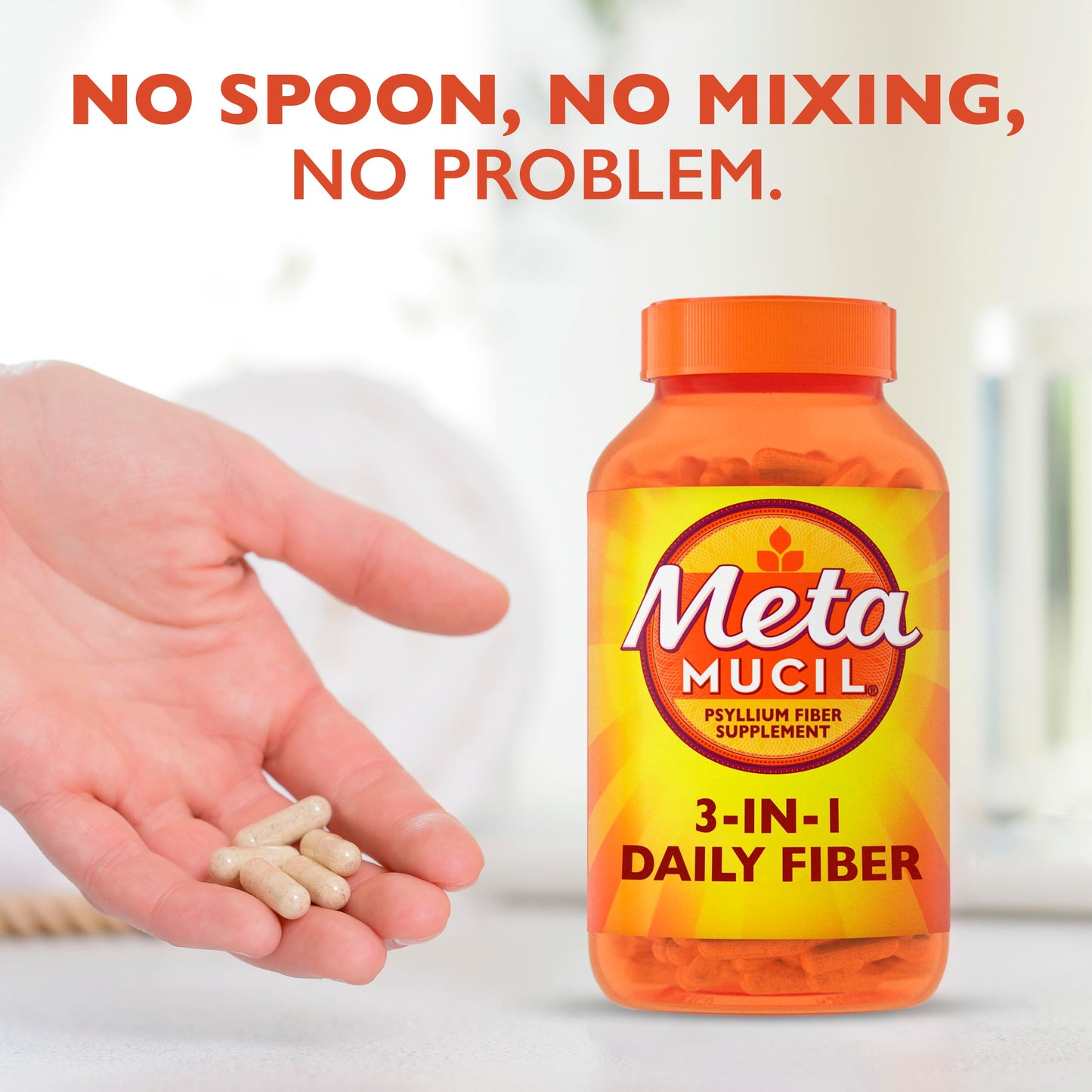 Metamucil, Daily Psyllium Husk Powder Supplement, 3-in-1 Fiber for Digestive Health, Plant Based Fiber, 300ct Capsules