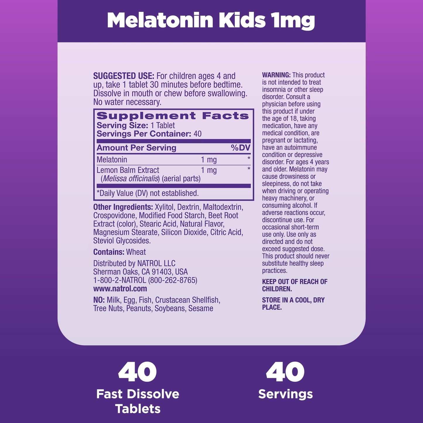 Natrol Kids Fast Dissolve Melatonin 1 mg, Dietary Supplement for Restful Sleep, Sleep Tablets for Kids, 40 Strawberry-Flavored Melatonin Tablets, 40 Day Supply