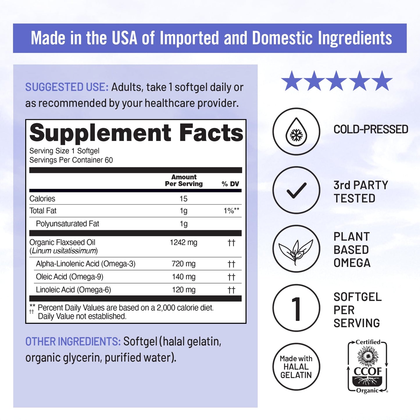 NatureWise Flaxseed Oil 1200 mg, Fish Free Omega 3 6 9 with 720mg ALA, Dietary Supplement for Heart Health Support - Organic, Cold Pressed, Non-GMO - 60 Softgels[2-Month Supply]