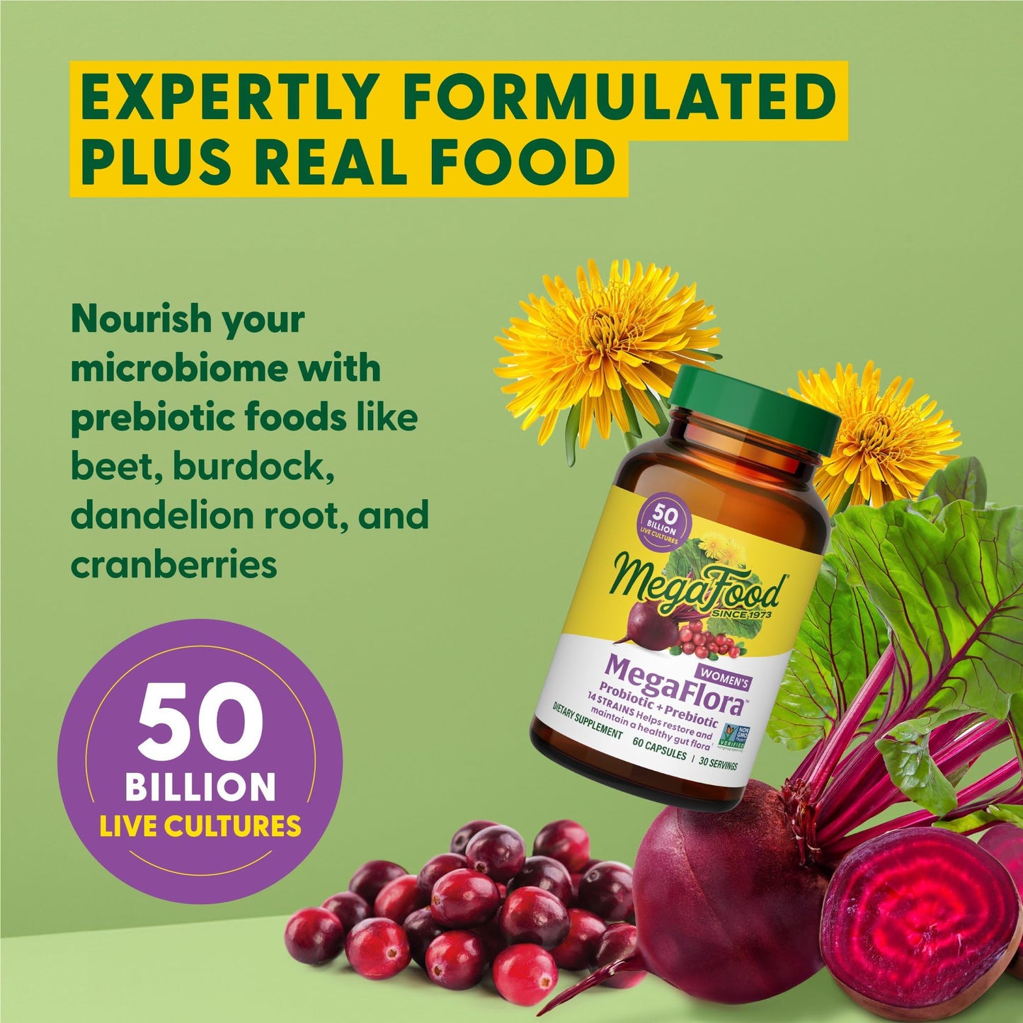 MegaFood MegaFlora Probiotics for Women + Prebiotics and Probiotics with 14 Strains & 50 Billion CFUs, with Cranberry for Women Digestive Health, Vegetarian - 60 Capsules (30 Servings)