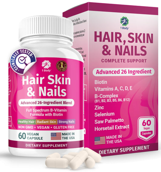 1 Body Hair Skin and Nails Vitamins with Biotin – Contains 26 Vitamins, Minerals and Herb Extracts – Hair and Nail Growth, Glowing Skin Supplements Formula for Men and Women – 60 Vegan Capsules