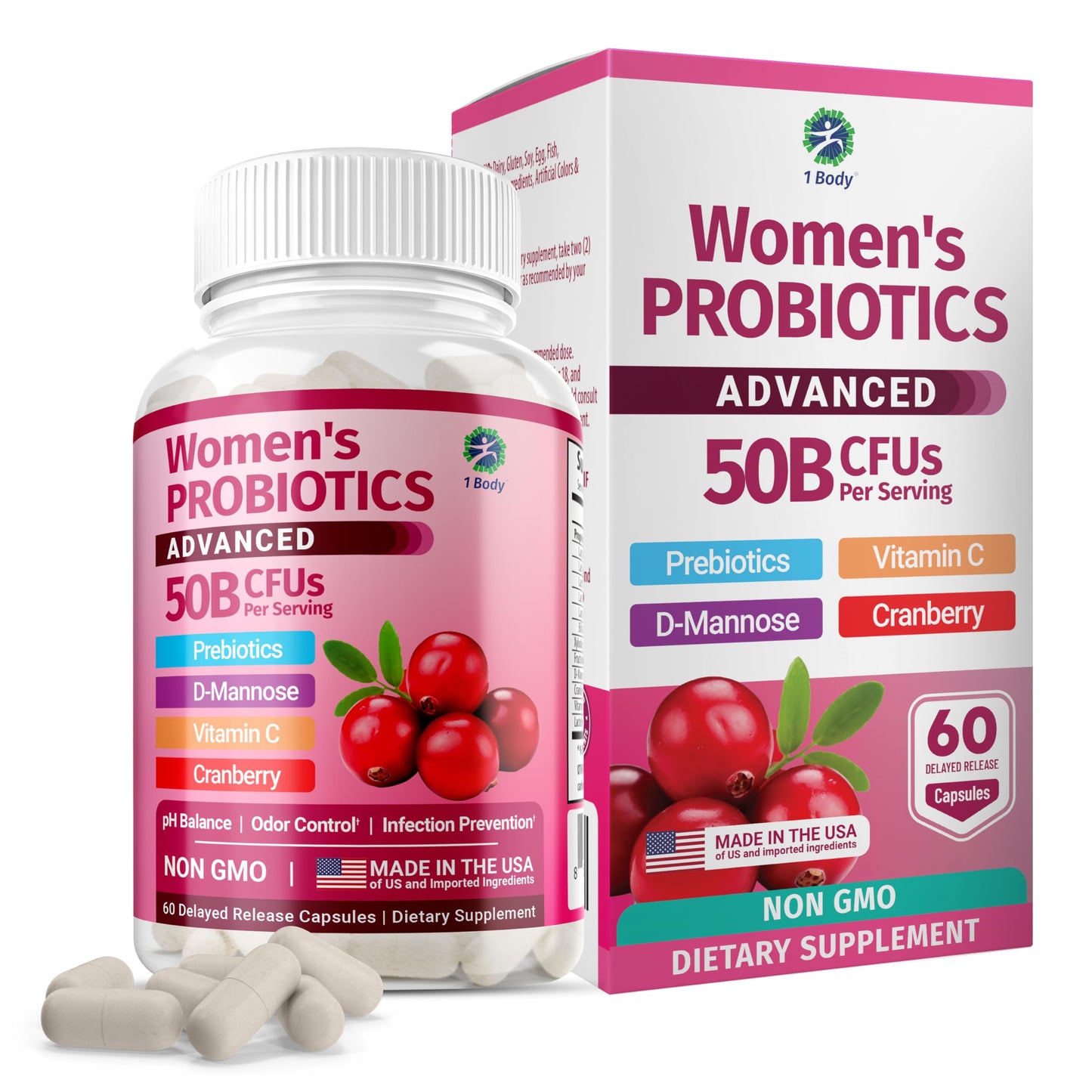 1 Body Women's Probiotic Supplement, 50 Billion CFU, Vaginal and Digestive Health Support, 60 Vegan Capsules