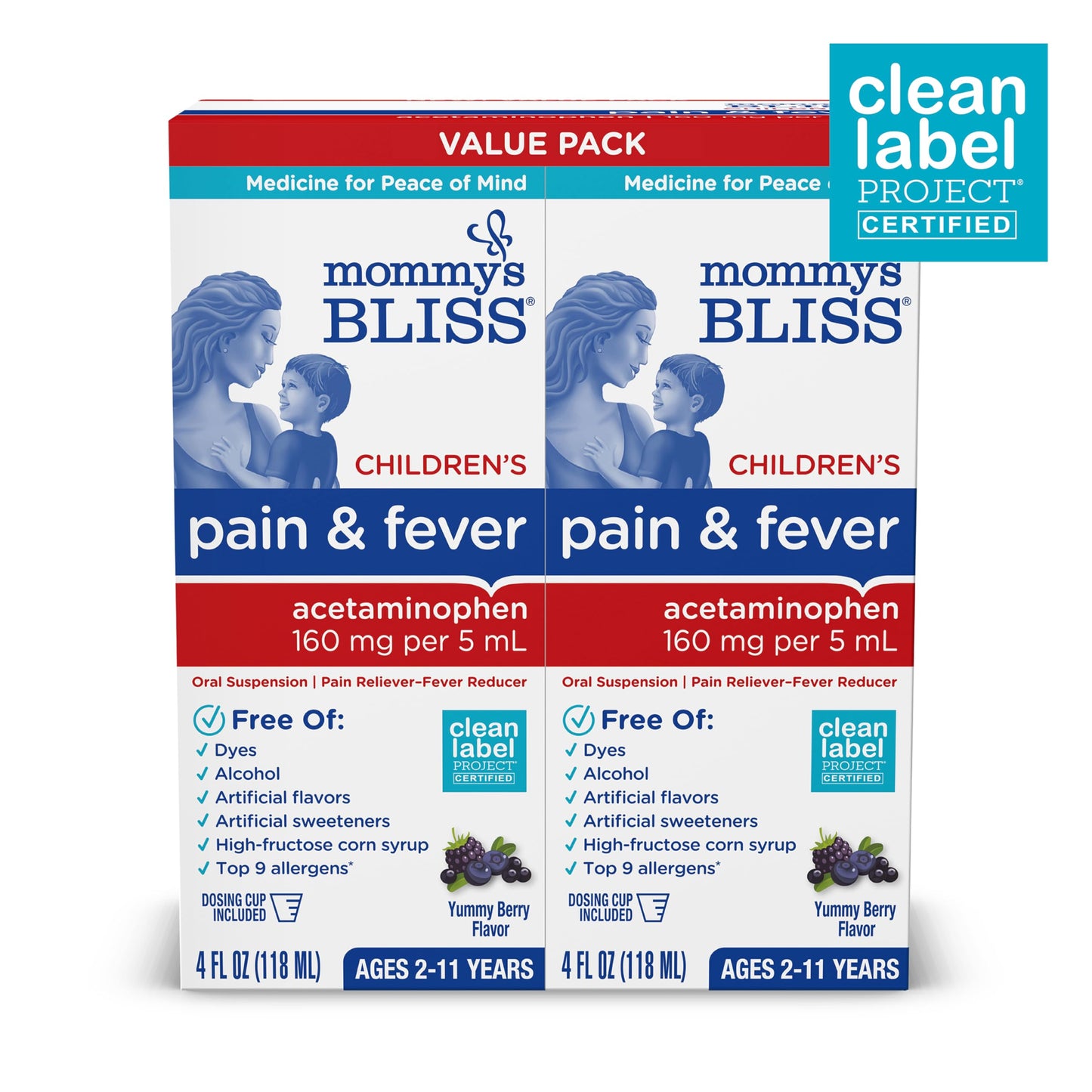 Mommy's Bliss Children's Pain and Fever Reducer, Kids Acetaminophen, Dye Free, Delicious Mixed Berry Flavor, Ages 2+, 4 Fluid Ounces (Pack of 2)