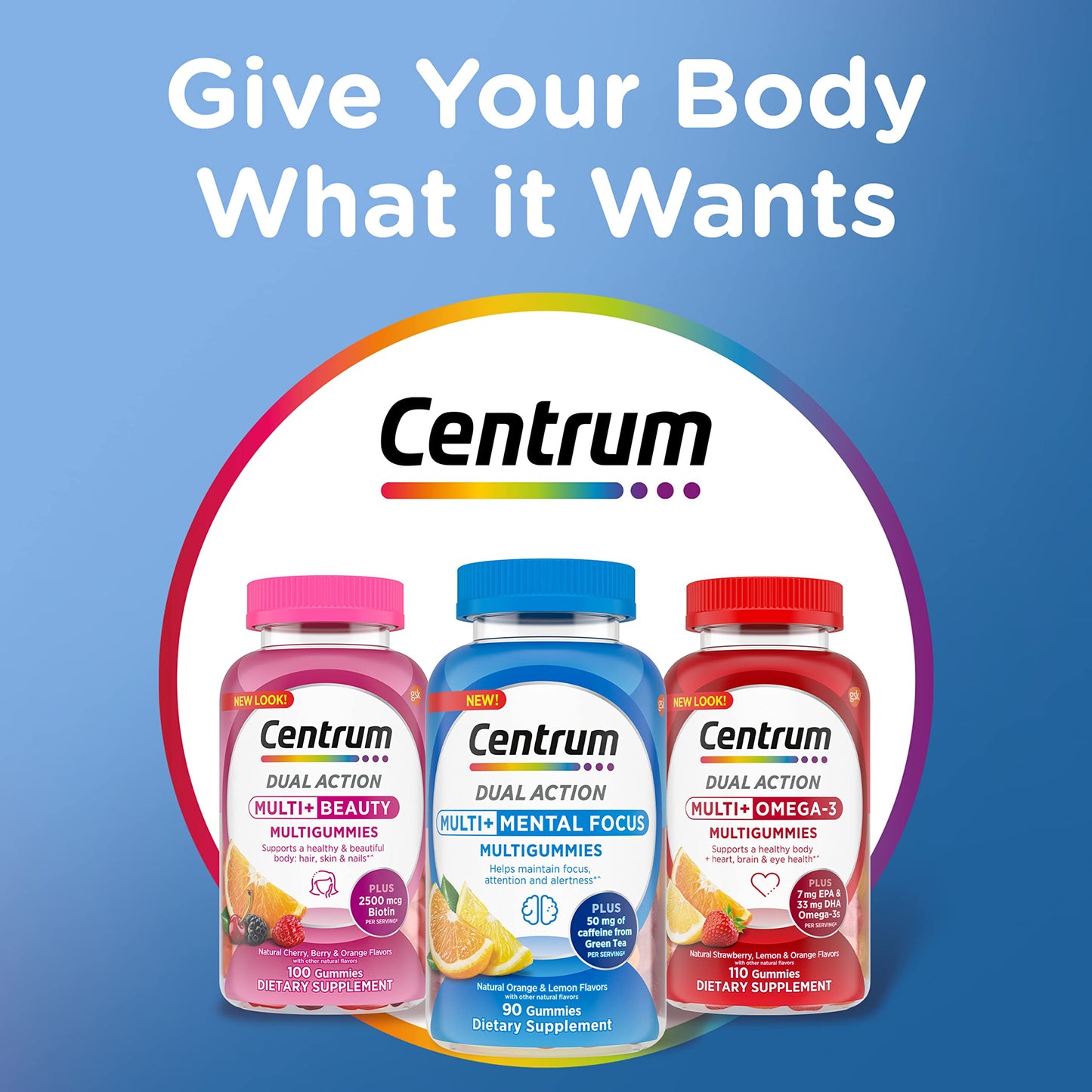 Pre-Order | Arrives in 5–10 Days – Centrum MultiGummies Multi+ Dual Action Mental Focus Adult Multivitamin with Caffeine from Green Tea, Supports Mental Focus, Attention and Alertness, Lemon/Orange Flavors - 90 Count