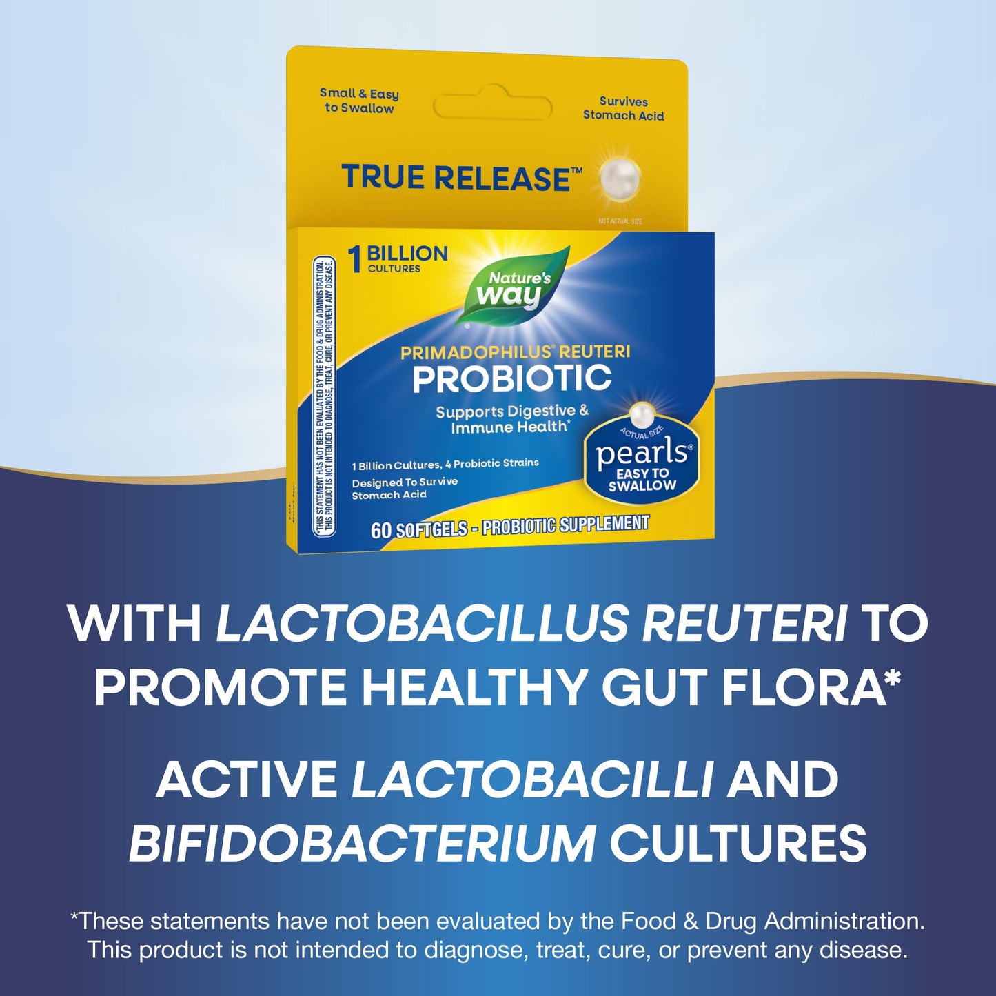 Nature's Way Primadophilus Reuteri Probiotic Pearls for Men and Women, Digestive and Immune Health*, 1 Billion Culture, 4 Probiotic Strains, Survives Stomach Acid, 60 Softgels