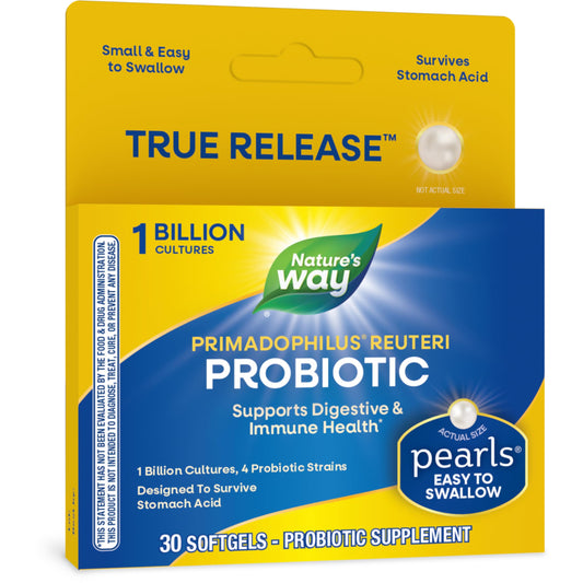 Nature's Way Primadophilus Reuteri Probiotic Pearls for Men and Women, Digestive and Immune Health*, 1 Billion Culture, 4 Probiotic Strains, Survives Stomach Acid, 30 Softgels