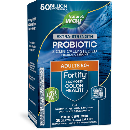 Nature’s Way Fortify Extra Strength(1) Probiotic Age 50+, 50 Billion Live Cultures, 11 Strains, Prebiotics, Digestive Health*, Immune Support*, Colon Health*, 30 Capsules