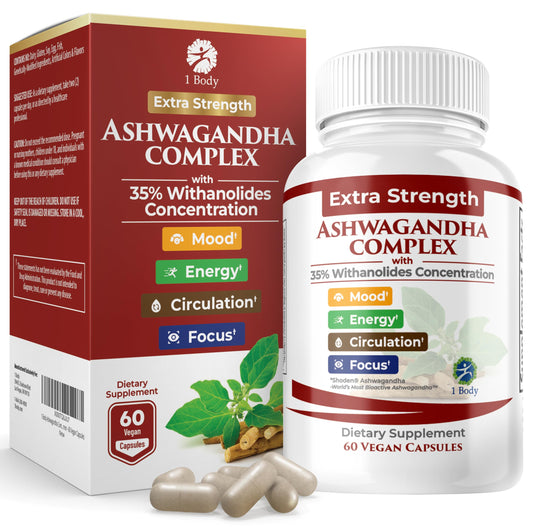 1 Body Ashwagandha Complex with Shoden® – Clinically Supported Stress Relief, Sleep, and Energy Support – Vegan, Non-GMO Supplements – 60 Capsules