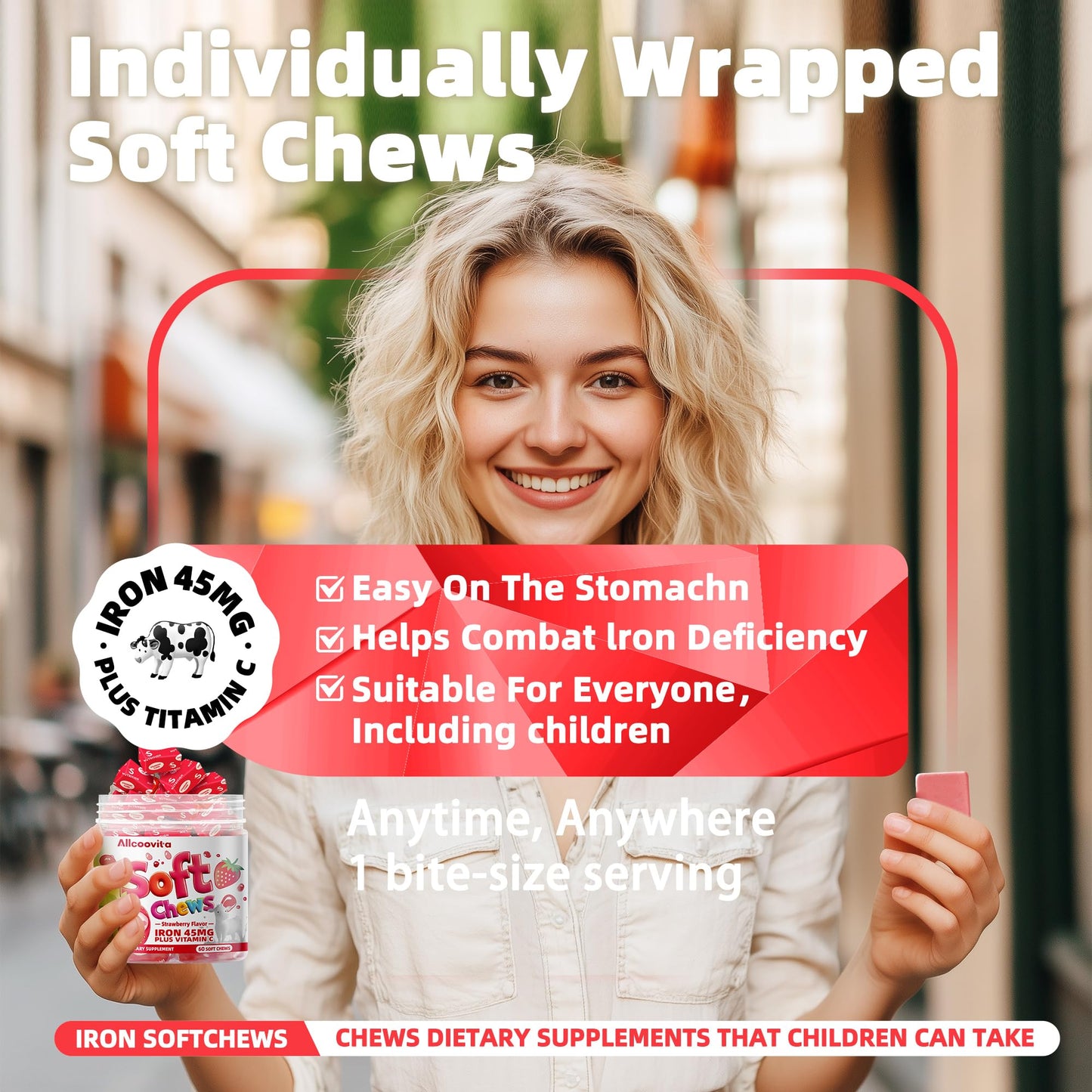Iron Soft Chews Supplement with Vitamin C | Strawberry Flavored | Gluten Free | Iron Supplement for Women Men and Kids | 60 Count | 2 Month Supply