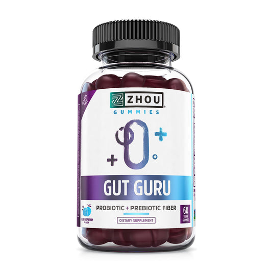 ZHOU Nutrition Gut Guru Prebiotics and Probiotics for Women and Men, 2 in 1 Probiotic and Prebiotic Gummies for Digestive Gut Health and Immune Support, Vegan, Gluten Free, Non-GMO, 60 Count
