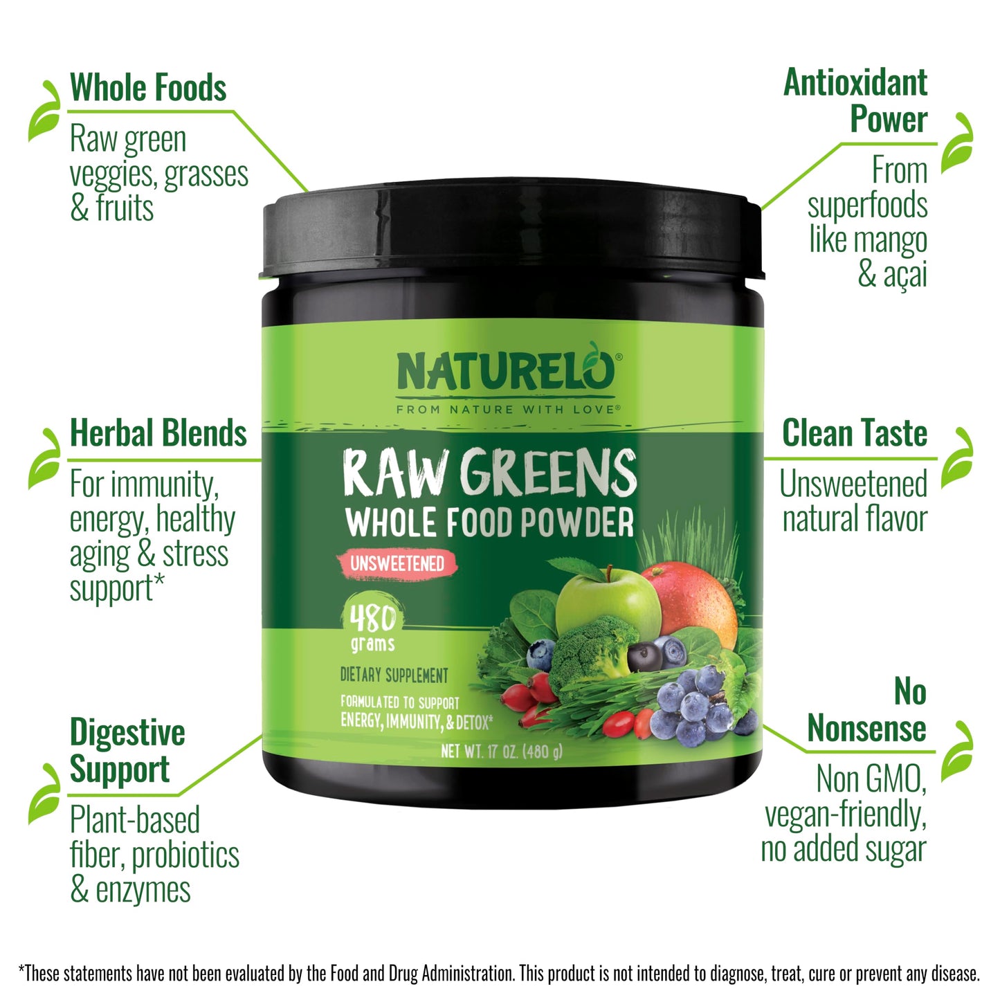 NATURELO Raw Greens Superfood Powder - Unsweetened - Boost Energy, Detox, Enhance Health - Organic Spirulina - Wheat Grass - Whole Food Nutrition from Fruits & Vegetables - 480 Grams