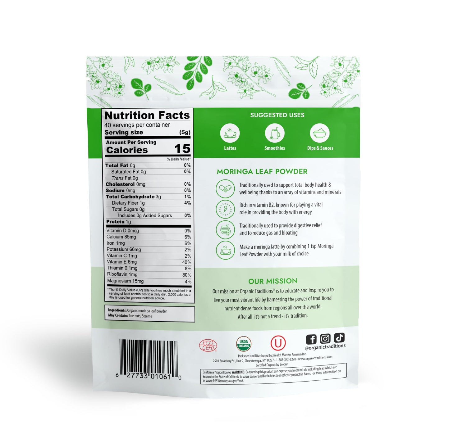 Organic Traditions Organic Moringa Powder Organic Moringa Leaves Extract Vegan Non-GMO Organic Superfood Natural Moringa Supplement, 7oz (200g) Bag, 40 Servings per Bag