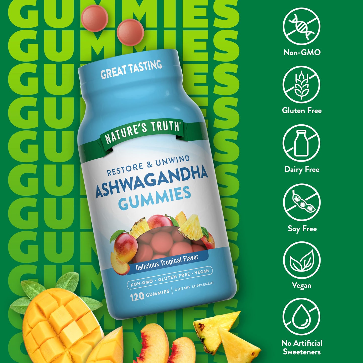 Nature's Truth Ashwagandha Gummies | 120 Count | Tropical Flavor | Vegan, Non-GMO & Gluten Free Supplement