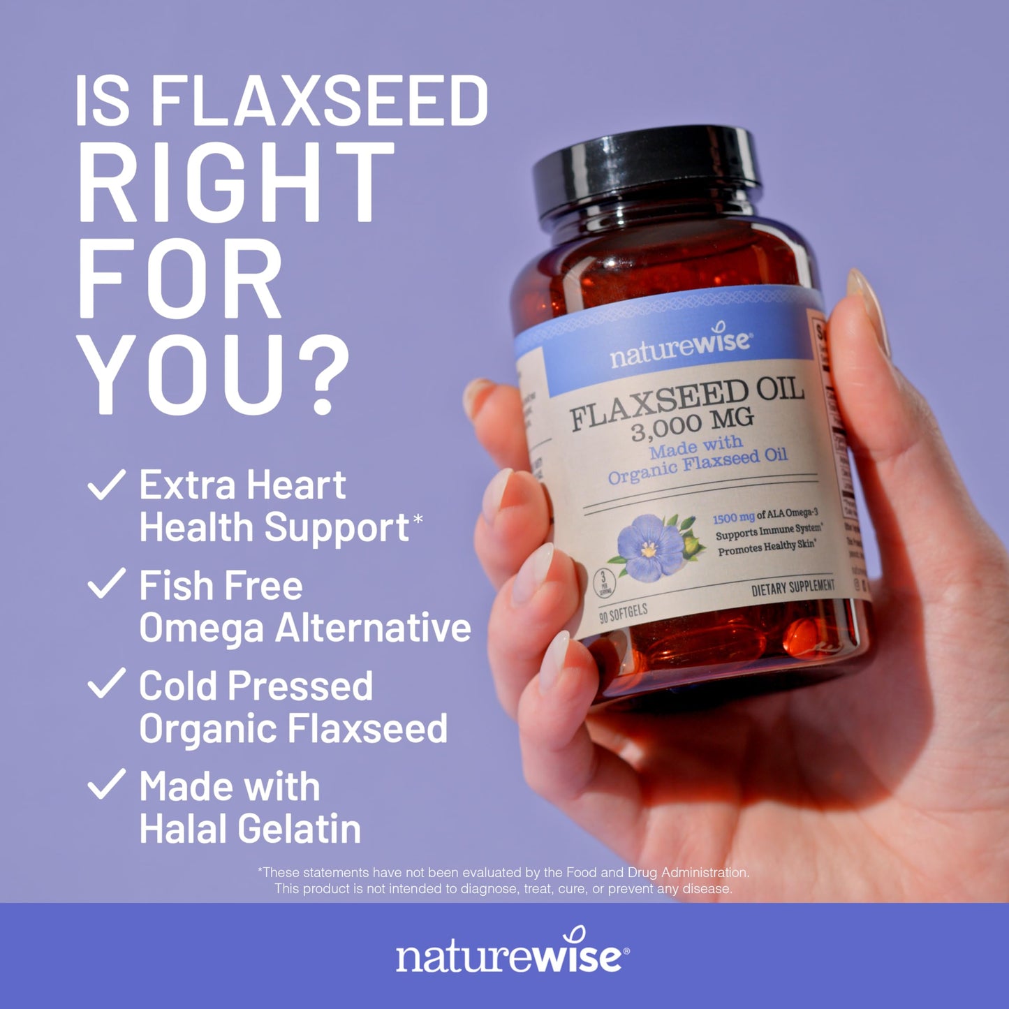 NatureWise Flaxseed Oil 3000 mg, Fish Free Omega 3 with 1500 mg ALA, Dietary Supplement for Immune Health Support - Organic, Cold Pressed, Non-GMO - 90 Softgels[30-Day Supply]