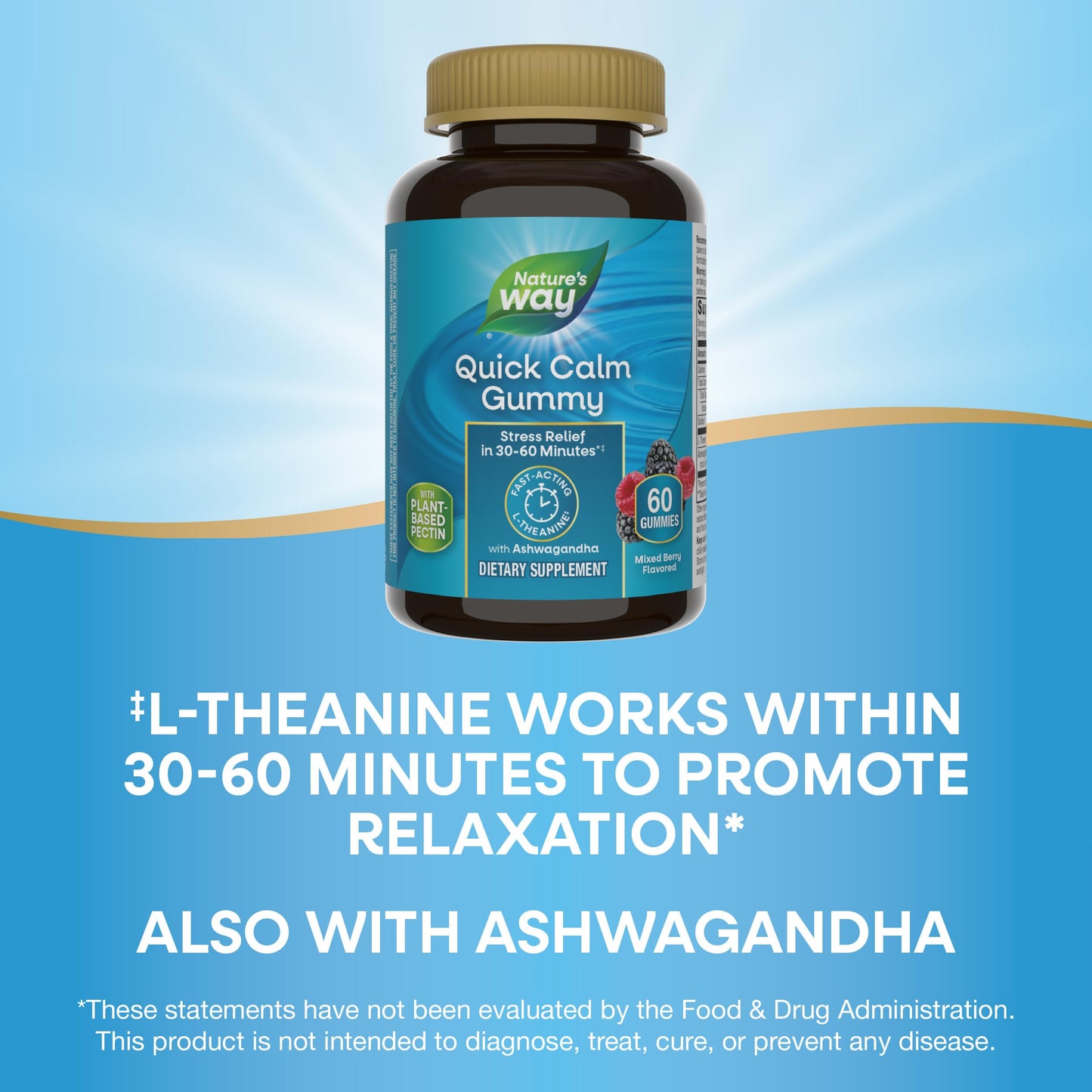 Nature's Way Quick Calm Gummies, L-Theanine for Relaxation*, Fast-Acting, Stress Relief from L-Theanine Within 30-60 minutes*, with Ashwagandha, Vegetarian, Mixed Berry Flavored,  60 Gummies