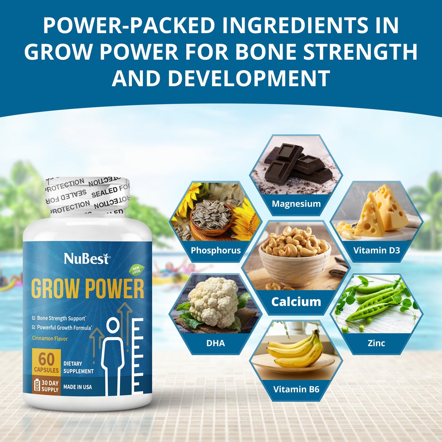 NuBest Grow Power - Bone Strength Supplement with Calcium, Magnesium, Vitamin D3, Zinc for Age 10+ - Helps Bone Health, Brain Growth, Immunity - Free of Growth Hormone - 60 Capsules