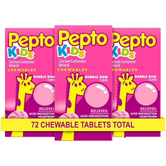 Pepto Kid's Chewable Tablets for Heartburn, Acid Indigestion, Sour Stomach, and Upset Stomach, Bubblegum Flavor, 72 Total (3 Packs of 24)