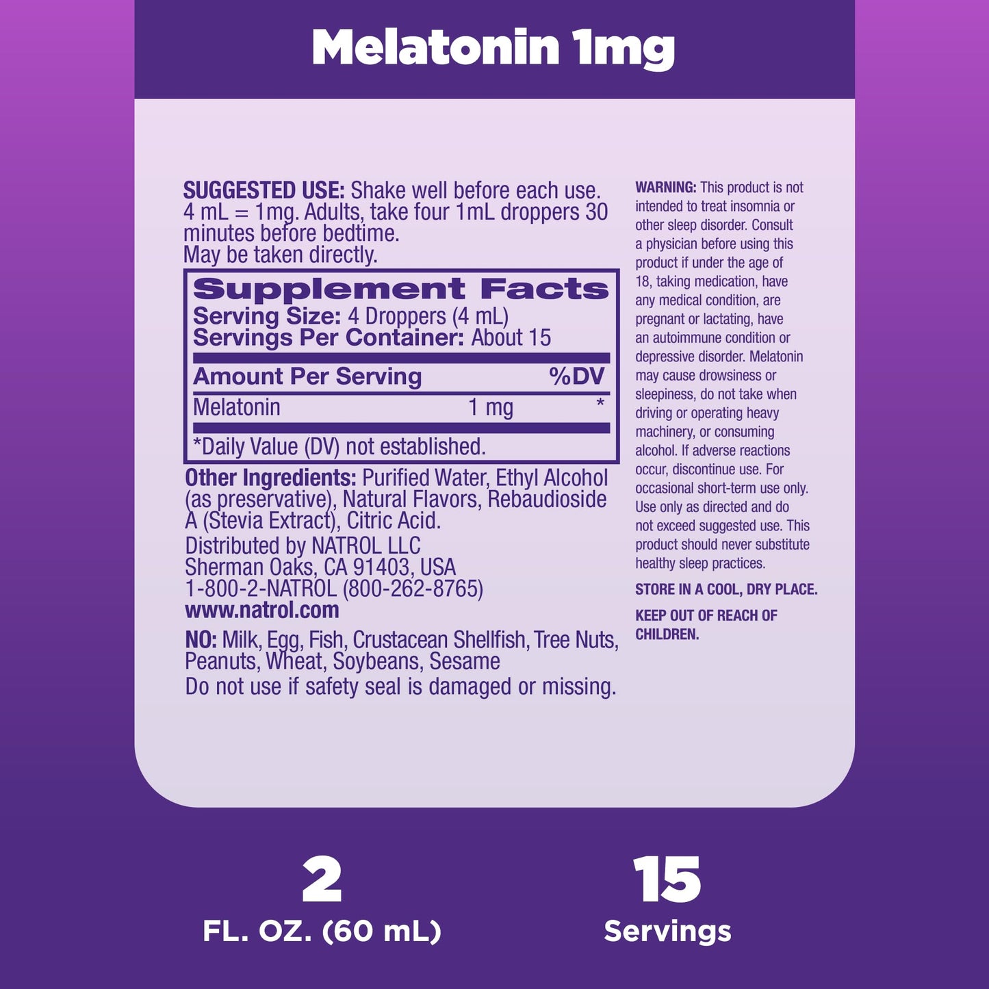 Natrol Liquid Melatonin 1mg, Berry-Flavored Dietary Supplement for Restful Sleep, 2 Fl Oz, 15 Servings