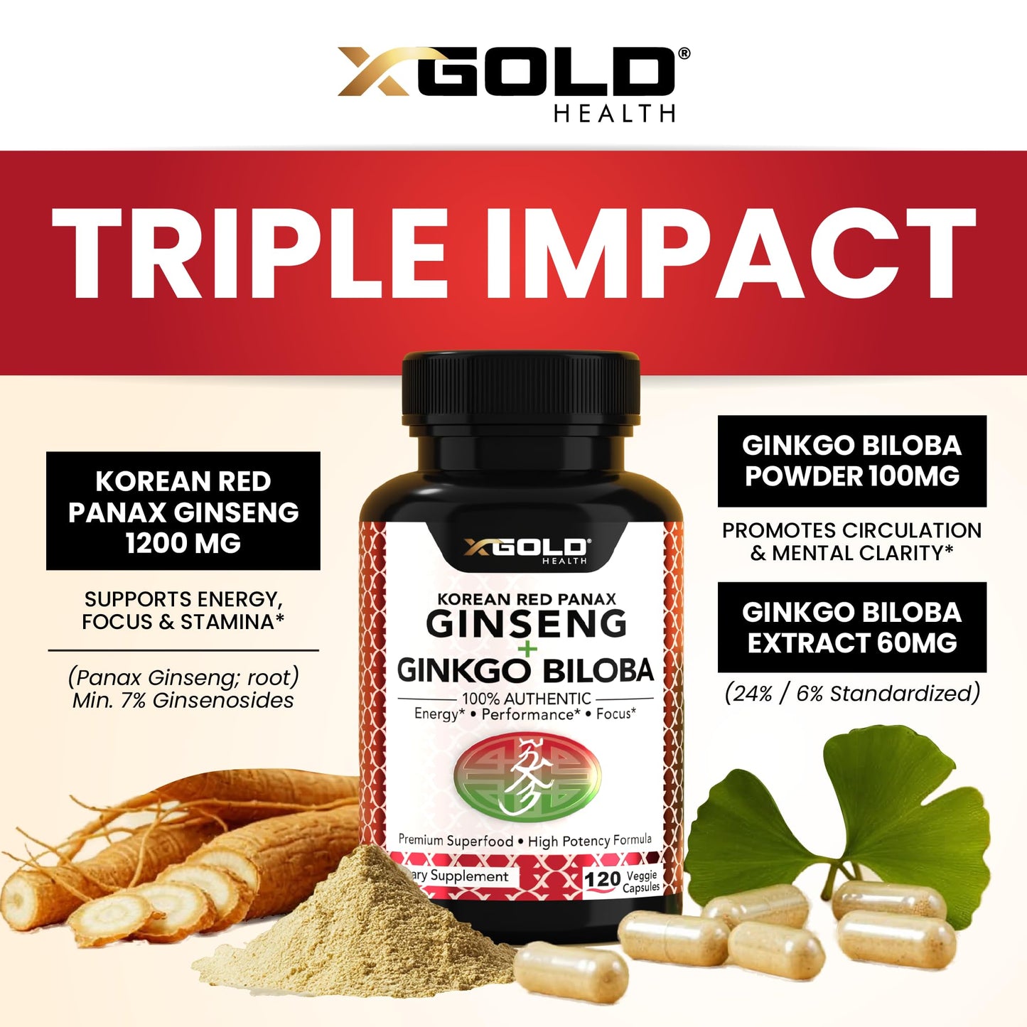 Korean Red Panax Ginseng 1200mg + Ginkgo Biloba -120 Vegan Capsules - High Ginsenosides Extra Strength Root Extract Powder Supplement for Energy, Performance & Focus Pills for Men & Women