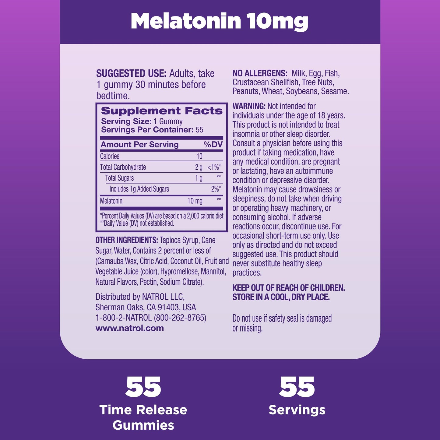 Natrol 10 mg Melatonin Gummies, Time Release Sleep Gummies for Adults, Minimize Wake Ups, Strawberry-Flavored, 55 Count, 55 Day Supply