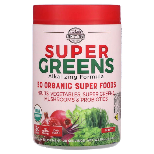 Pre-Order | Arrives in 5–10 Days – Country Farms
Super Greens, Alkalizing Formula, Berry, 10.6 oz (300 g)