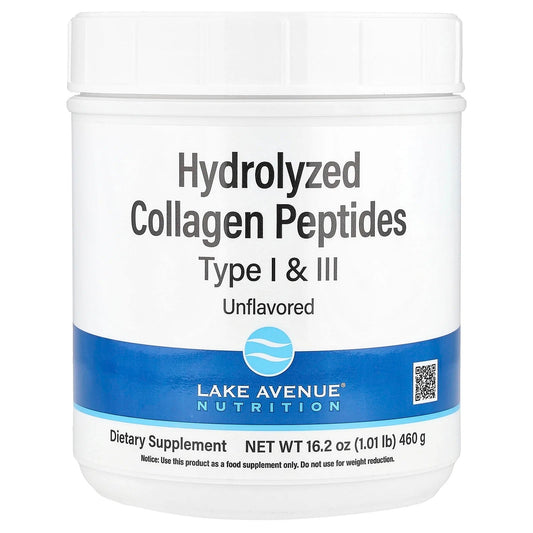 Lake Avenue Nutrition
Hydrolyzed Collagen Peptides, Type I & III, Unflavored, 1.01 lb (460 g)