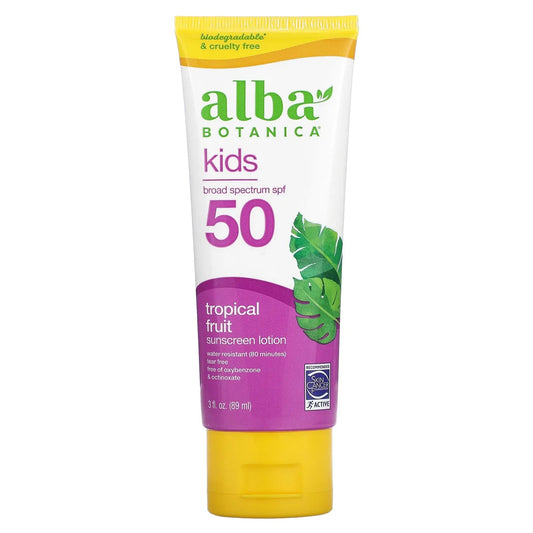 Pre-Order | Arrives in 5–10 Days – Alba Botanica
Kids Sunscreen Lotion, SPF 50, Tropical Fruit, 3 fl oz (89 ml)