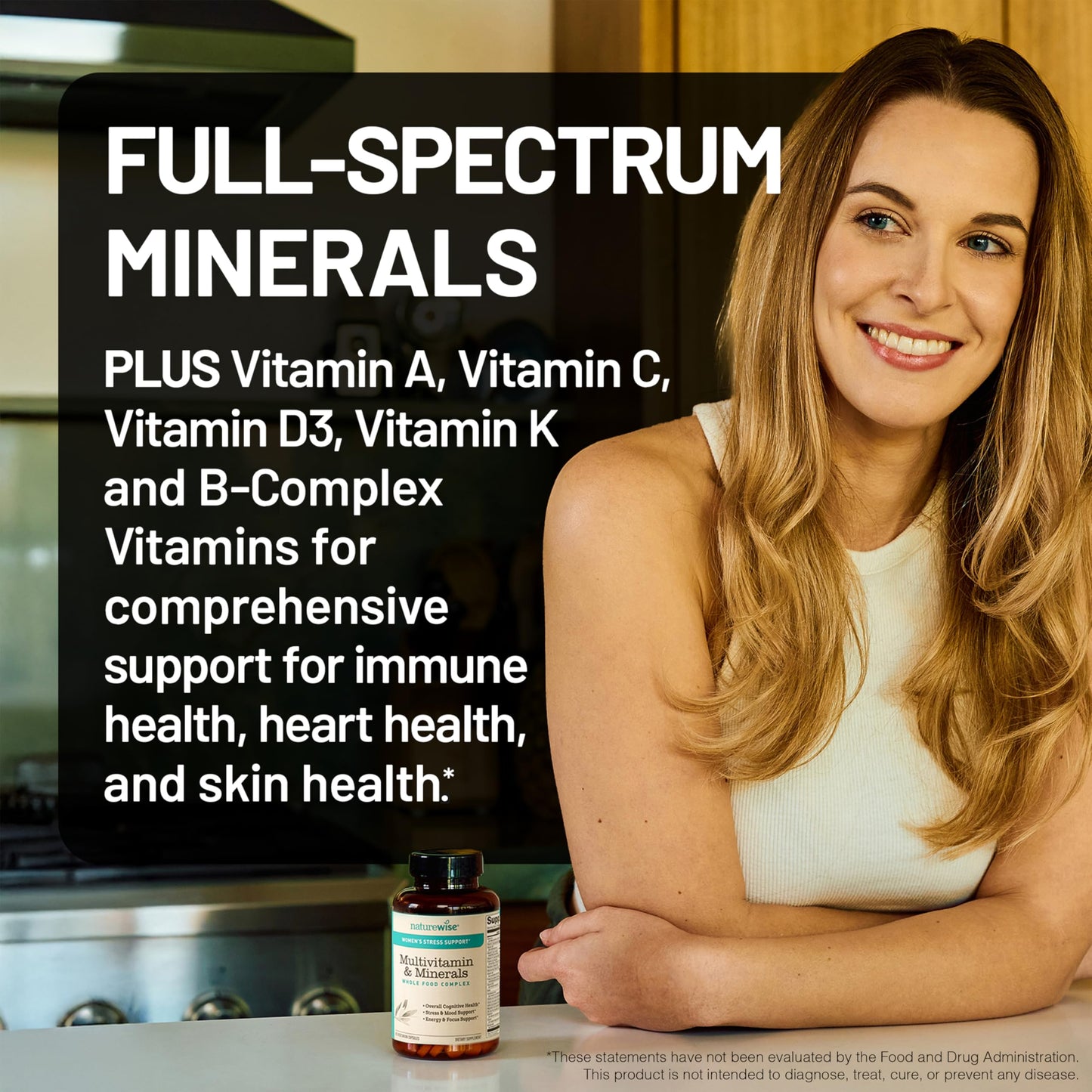 NatureWise Multivitamin for Women + Stress Support with Organic Whole Foods & Natural Minerals - B-Complex + Vitamin C + D3 K2 for Immunity, Hair, Skin & Nails - Non-GMO - 60 Capsules[30-Day Supply]