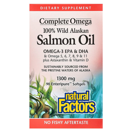 Natural Factors
Complete Omega, 100% Wild Alaskan Salmon Oil, 1,300 mg, 90 Enteripure™ Softgels