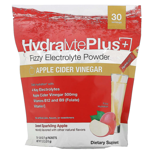 Hydralyte
Hydralyte Plus+, Fizzy Electrolyte Powder, Apple Cider Vinegar, 30 Packets, 0.24 oz (7 g) Each