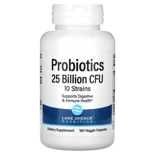 Lake Avenue Nutrition
Probiotics, 10 Strain Blend, 25 Billion CFU, 180 Veggie Capsules
