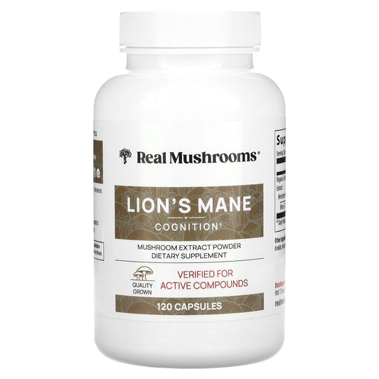 Real Mushrooms
Lion's Mane, Mushroom Extract Powder, 120 Capsules
