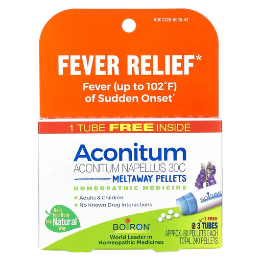 Pre-Order | Arrives in 5–10 Days – Boiron
Aconitum, Fever Relief, Meltaway Pellets, 30C, 3 Tubes, 80 Pellets Each