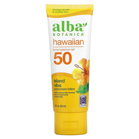 Pre-Order | Arrives in 5–10 Days – Alba Botanica
Hawaiian Sunscreen Lotion, SPF 50, Island Vibe, 3 fl oz (89 ml)