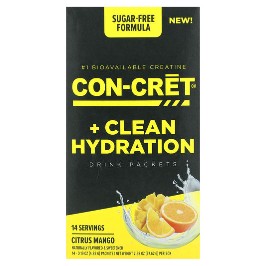 Pre-Order | Arrives in 5–10 Days – Con-Cret
Clean Hydration Drink Packets, Sugar-Free, Citrus Mango, 14 Packets, 0.19 oz (4.83 g) Each
