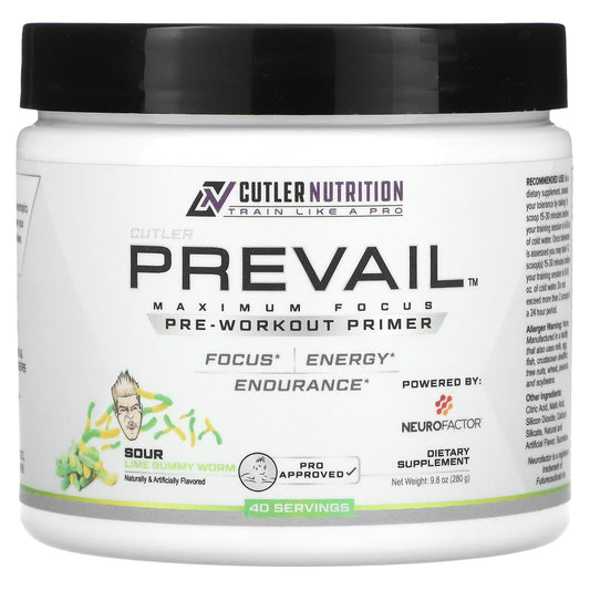 Pre-Order | Arrives in 5–10 Days – Cutler Nutrition
Prevail, Pre-Workout Primer, Sour Lime Gummy Worm, 9.8 oz (280 g)