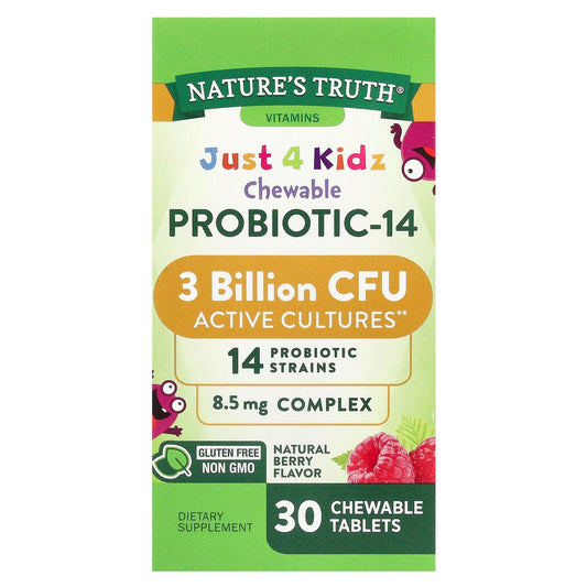 Nature's Truth
Just 4 Kidz, Chewable Probiotic-14, Natural Berry , 3 Billion CFU , 30 Chewable Tablets