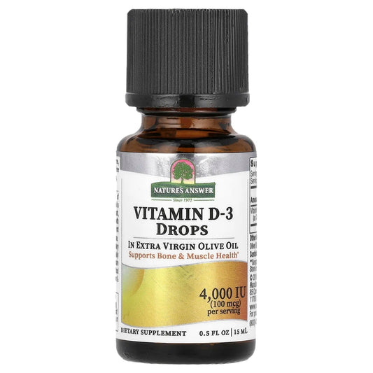 Nature's Answer
Vitamin D-3 Drops, In Extra Virgin Olive Oil, 100 mcg (4,000 IU), 0.5 fl oz (15 ml)