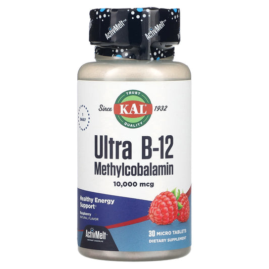 KAL
Ultra B-12 Methylcobalamin, Raspberry, 10,000 mcg, 30 Micro Tablets