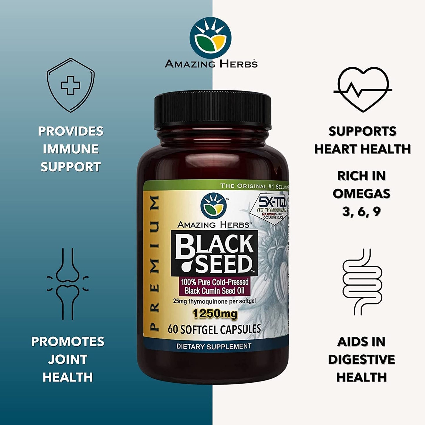 AMAZING HERBS BLACK SEED 1250MG, 60 SOFTGEL CAPSULES