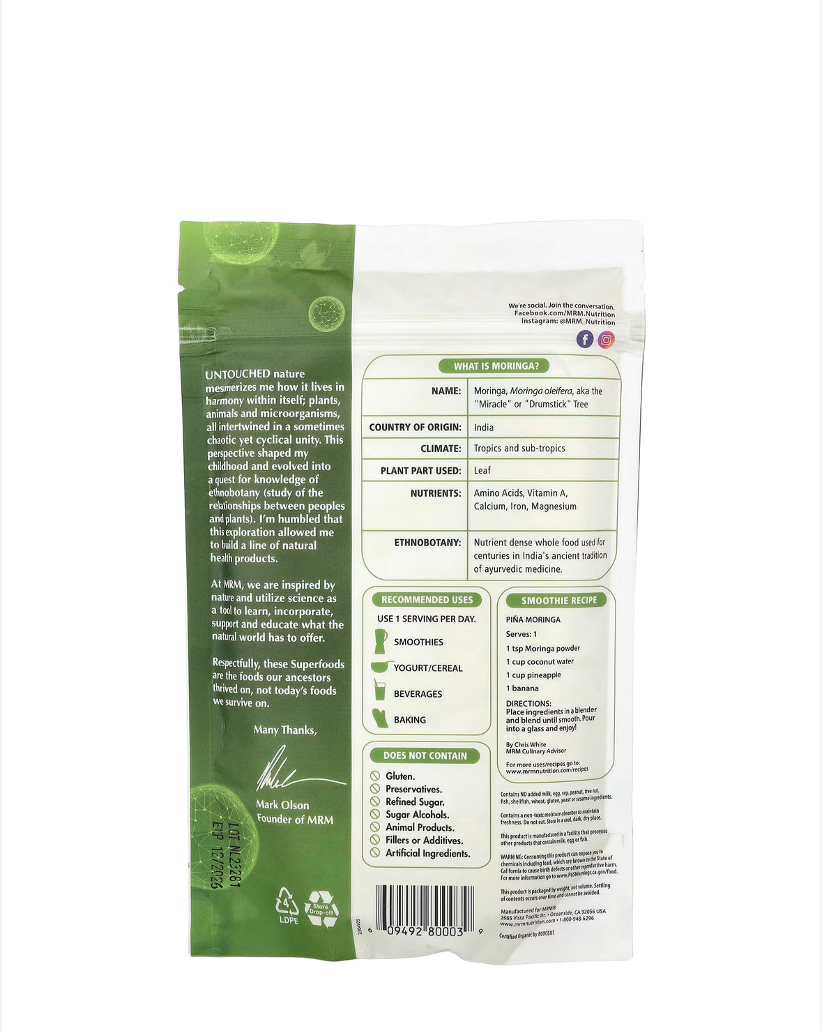 MRM NUTRITION ORGANIC MORINGA POWDER, 240G