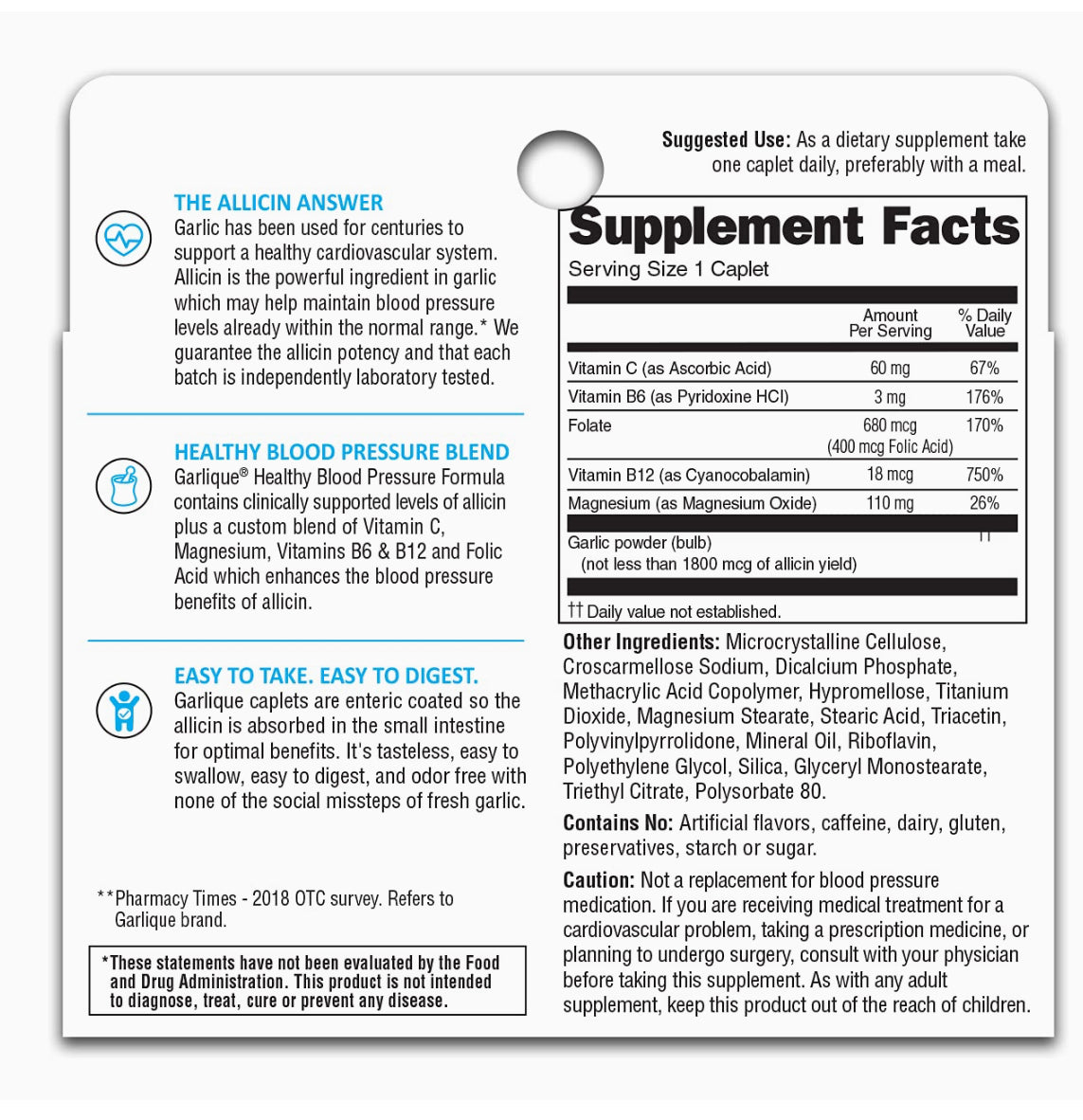GARLIQUE HEALTHY BLOOD PRESSURE FORMULA, 60 CAPLETS