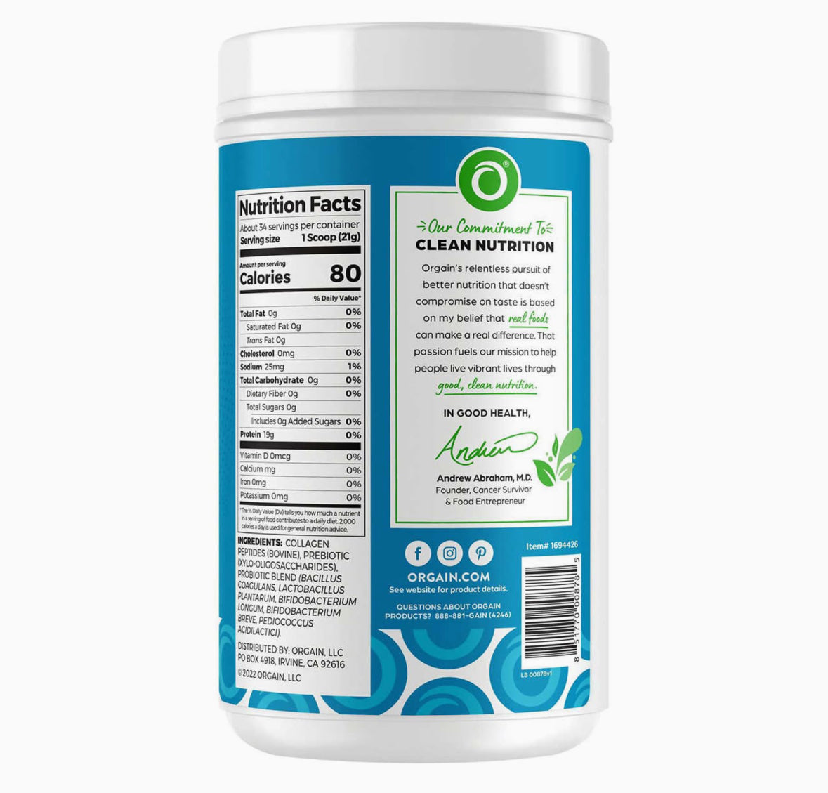 ORGAIN COLLAGEN PEPTIDES + PROBIOTICS UNFLAVORED 726G